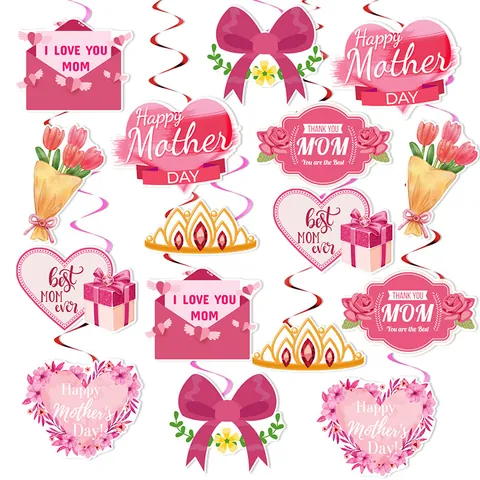 Mother's Day Party Decoration Set Happy Mother's Day Heart Envelope Flower Swirl Hanging Ornaments Pink Red Party Decor