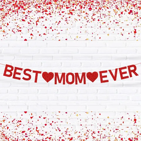 Red Glitter Best Mom Ever Banner With Heart Garland For Mother's Day Party Decorations Celebration Indoor Wall Decor Gift