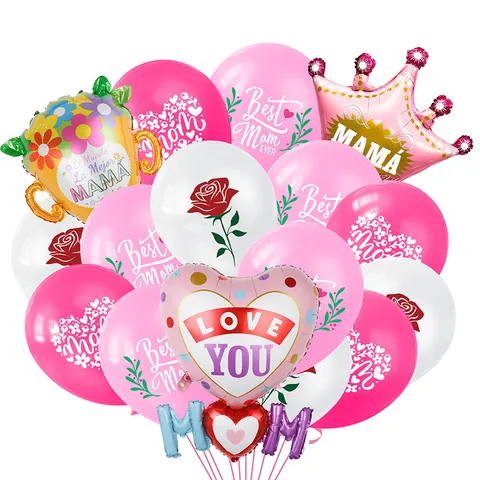Mothers Day Balloons Aluminum Foil Latex Heart Crown Trophy Rose Pattern Pink Party Decoration Celebration For Mom