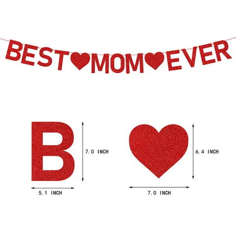 Red Glitter Best Mom Ever Banner With Heart Garland For Mother's Day Party Decorations Celebration Indoor Wall Decor Gift