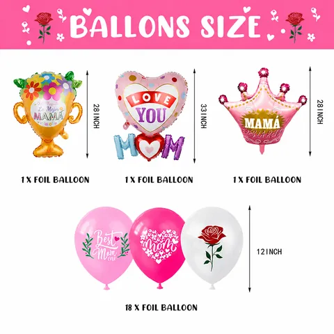 Mothers Day Balloons Aluminum Foil Latex Heart Crown Trophy Rose Pattern Pink Party Decoration Celebration For Mom