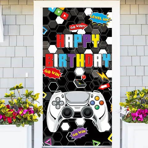 Gaming Birthday Door Banner Controller Level Up Backdrop For Video Game Theme Party Decoration Pongee Fabric Event Supplies