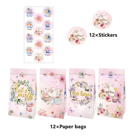 Blumen Tee Party Kraftpapier Geschenktüten Mit Aufklebern Aquarell Blume Tee Service Muster Für Geburtstag Party Artikel