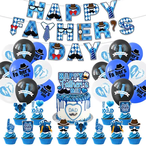 Set Decorazioni Festa del Papà Banner Palloncini Cake Topper Baffi Cravatta Elementi Gentleman Motivo Argyle Festival Casa