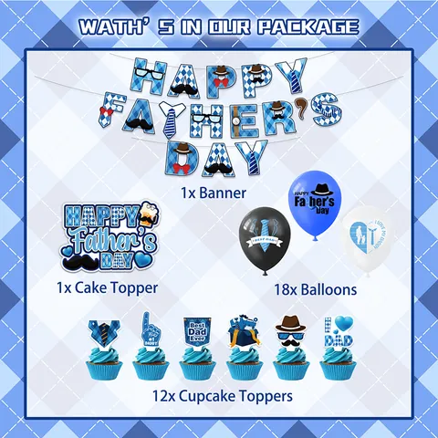 Set Decorazioni Festa del Papà Banner Palloncini Cake Topper Baffi Cravatta Elementi Gentleman Motivo Argyle Festival Casa