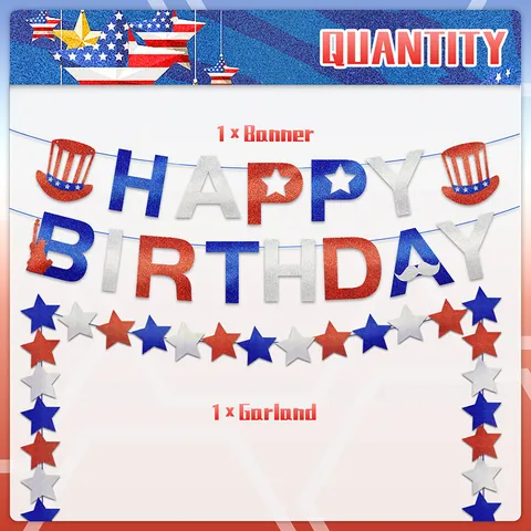 Independence Day Happy Birthday Banner Glitter Paper Star Garland Red White Blue Patriotic Party Decorations Birthday Supplies