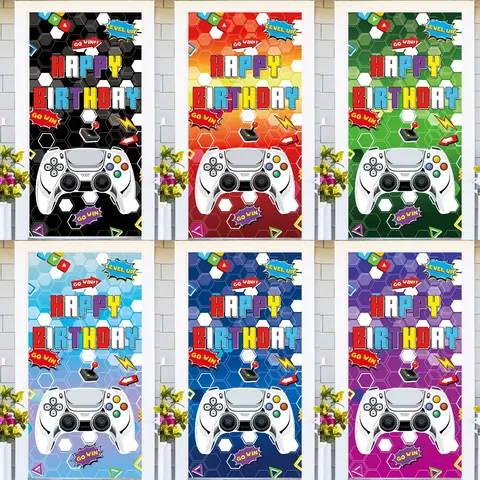 Gaming Birthday Door Banner Controller Level Up Backdrop For Video Game Theme Party Decoration Pongee Fabric Event Supplies