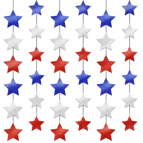 USA Independence Day Red White Blue Glitter Star Paper Garland Patriotic Party Decoration Hanging Banners For Home Celebration