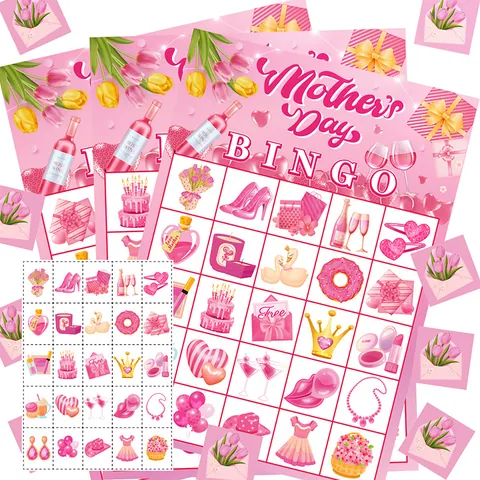 Mother's Day Bingo Game Cards Set Pink Paper Party Game For Family Gathering Event Activities Festive Celebration Supplies