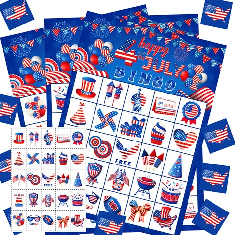 Independence Day Bingo Player Cards And Marking Cards For 4th Of July Party Celebration Paper Activity Festival Supplies