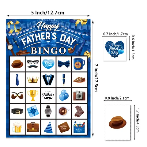 Happy Father's Day Bingo Spielkarten Für Partyaktivitäten Blaues Karo Design Mit Fliege Aktenkoffer Icons Lustiges Familienspiel Papiermaterial