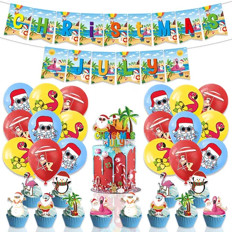 Natale A Luglio Tema Set Decorazioni Festa Tropicale Banner Decorazioni Torta Cupcake Topper Palloncini Lattice Babbo Natale Flamingo