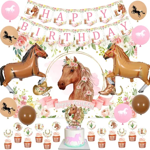 Paard Thema Verjaardagsfeest Decoratie Happy Birthday Banner Paard Folie Ballonnen Florale Achtergrond Papieren Cake Toppers Voor Kinderen