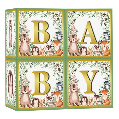 Woodland Animal Baby Shower Balloon Box Set Jungle Theme Gold Baby Letters Green Cardboard Cube Decoration For Birthday Party