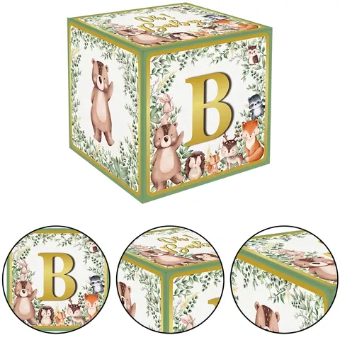Woodland Animal Baby Shower Balloon Box Set Jungle Theme Gold Baby Letters Green Cardboard Cube Decoration For Birthday Party