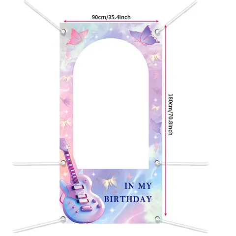 Bannière de Fond Photo Anniversaire Guitare Papillon Polyester Violet Rose Dégradé Arche Découpée pour Fête Filles