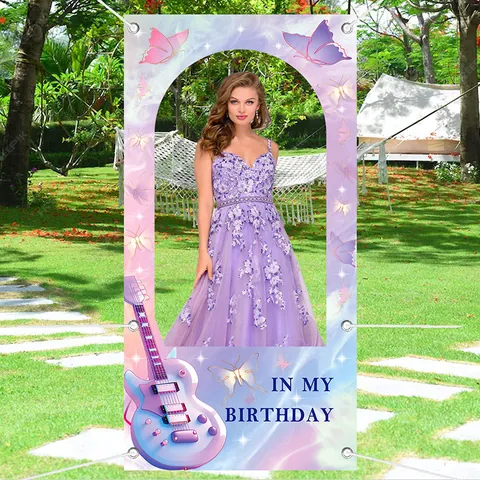 Bannière de Fond Photo Anniversaire Guitare Papillon Polyester Violet Rose Dégradé Arche Découpée pour Fête Filles