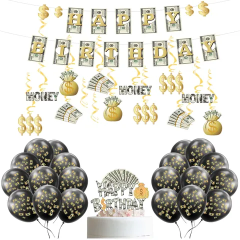 Set de Decoración de Fiesta de Cumpleaños con Tema de Dólar Banner de Papel Globos de Látex Topper de Pastel Adornos en Espiral