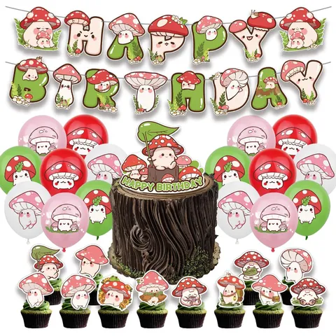 Cartoon Pilz Geburtstag Party Dekoration Wald Thema Happy Birthday Banner Kuchen Topper Latex Ballon Hintergrund Party Zubehör