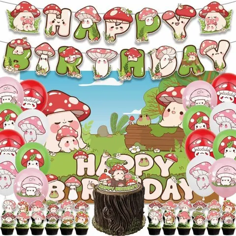 Cartoon Pilz Geburtstag Party Dekoration Wald Thema Happy Birthday Banner Kuchen Topper Latex Ballon Hintergrund Party Zubehör