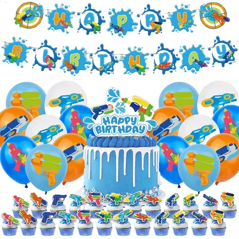 Décorations de Fête d'Anniversaire Thème Pistolet à Eau Bannière Décoration de Gâteau Ballons Pour Enfants Fournitures de Fête