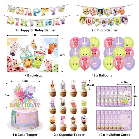 Boba Milk Tea Birthday Decorations Happy Birthday Banner Latex Balloons Backdrop Cake Toppers Invitations Cards Party Decor
