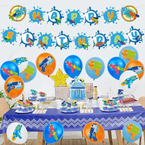 Décorations de Fête d'Anniversaire Thème Pistolet à Eau Bannière Décoration de Gâteau Ballons Pour Enfants Fournitures de Fête