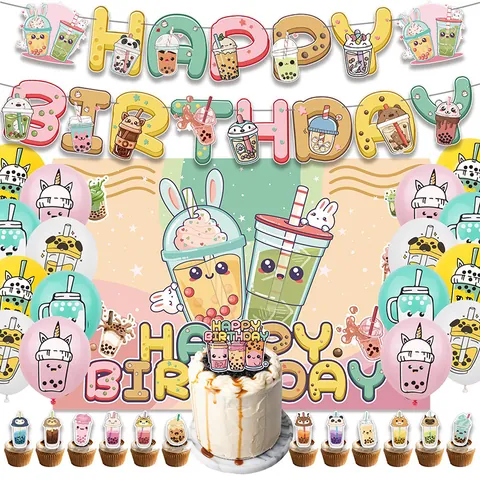 Boba Tee Thema Geburtstag Party Dekoration Set Cartoon Tier Banner Hintergrund Tortenaufsatz Latex Ballons Für Kinder