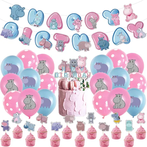 Cute Hippo Theme Birthday Party Decorations Set Cartoon Paper Banner Cake Toppers Latex Balloons For Kids Party Supplies