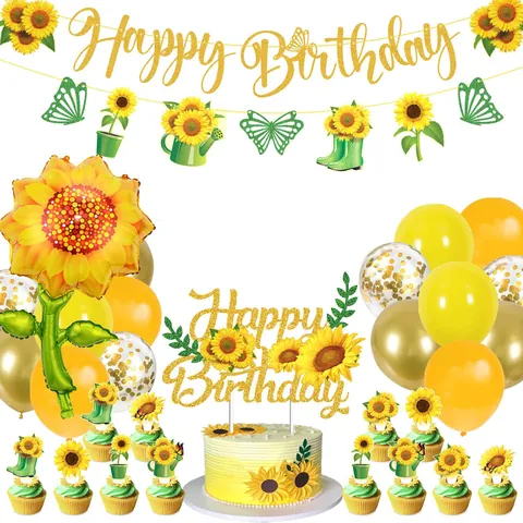 Set di Decorazioni per Feste di Compleanno con Girasoli Striscione Happy Birthday Cake Topper Glitter Oro Palloncini in Lattice