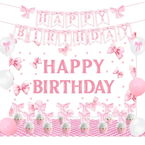 Rosa Schleife Thema Geburtstag Party Dekorationen Happy Birthday Banner Hintergrund Kuchen Topper Latex Ballons Für Mädchen Frauen