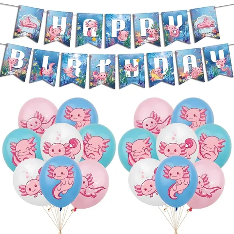 Axolotl Birthday Party Decoration Kit With Happy Birthday Banner Large Cake Topper Small Toppers Latex Balloons Cartoon Style
