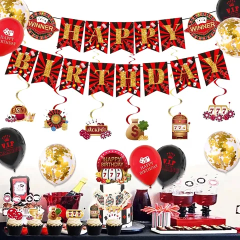 Casino Birthday Party Decorations Banner Cake Toppers Balloons Hanging Swirls Las Vegas Poker Theme Party Supplies