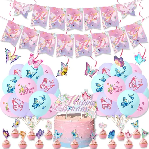 Set Decorazioni Festa Compleanno Farfalla Striscione Rosa Viola Decorazioni Per Torte Palloncini In Lattice Per Ragazze Bambini Decorazioni Per Feste A Tema Farfalla