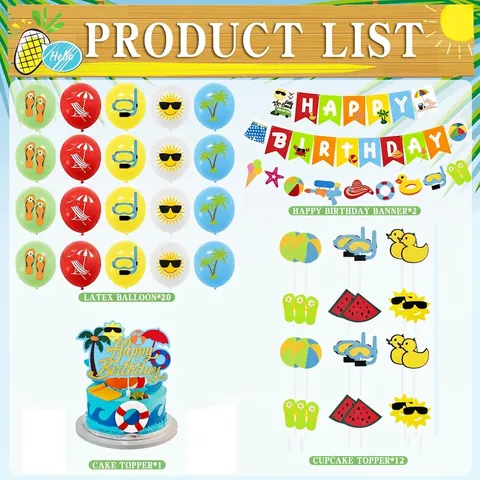 Decorazione per Festa di Compleanno in Spiaggia Estiva Striscione in Carta Happy Birthday Cake Topper Palloncini in Lattice per Bambini