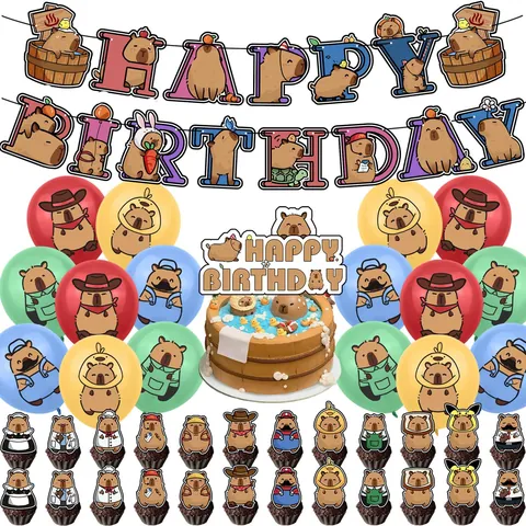 Ensemble de Décoration de Fête d'Anniversaire Thème Capybara Avec Bannière d'Animaux de Dessin Animé Décorations de Gâteau et Ballons en Latex