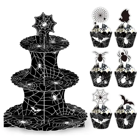 Support à Gâteau En Papier à Trois Couches Toile d'Araignée Noire d'Halloween Avec Caissettes Et Toppers Pour Décor de Table