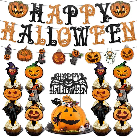Conjunto Decoración Fiesta Halloween Calabaza Fantasma Pancarta Papel Guirnalda Adorno Pastel Grande Y Cupcake Toppers Naranja Negro Brillo