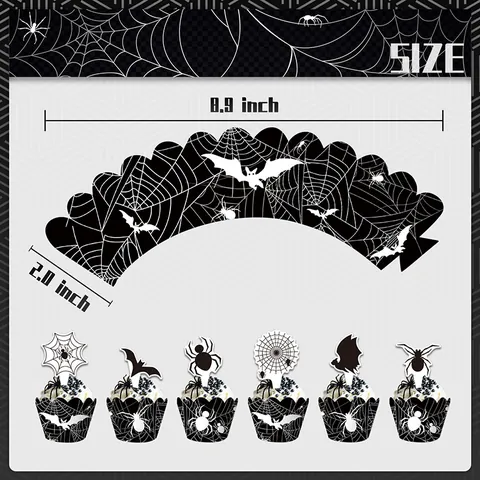 Support à Gâteau En Papier à Trois Couches Toile d'Araignée Noire d'Halloween Avec Caissettes Et Toppers Pour Décor de Table