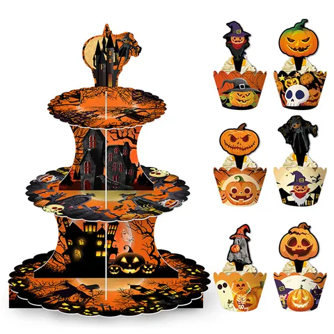 Halloween Multi-Layer Paper Cupcake Stand Set Cardboard Orange Black Pumpkin Ghost Pattern Party Cake Decorations Wrappers Toppers