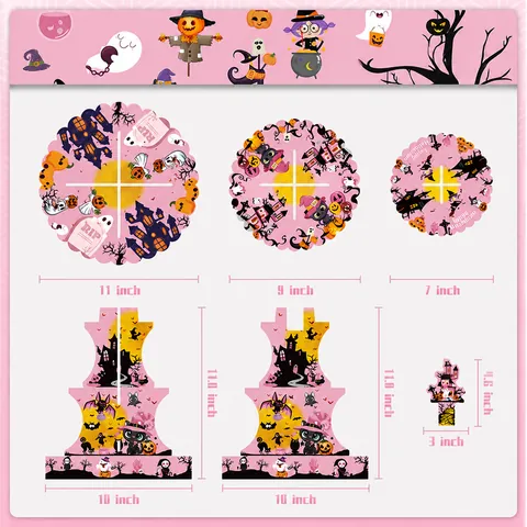 Pink Halloween Cupcake Stand Set 3-Tier Paper Cake Tower With Black Cat Bat Wrappers And Toppers For Spooky Party Decoration