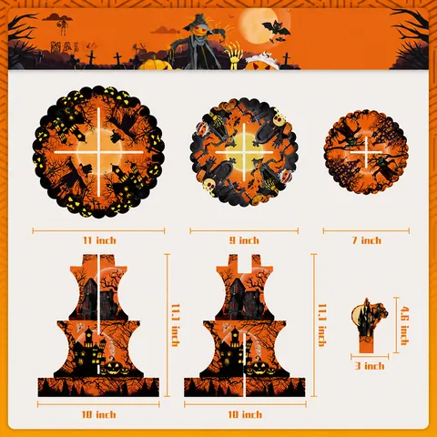 Halloween Multi-Layer Paper Cupcake Stand Set Cardboard Orange Black Pumpkin Ghost Pattern Party Cake Decorations Wrappers Toppers