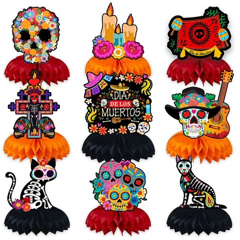Centros De Mesa De Nido De Abeja Mexicano Día De Los Muertos Calavera De Azúcar Papel Floral Decoración Dia De Los Muertos