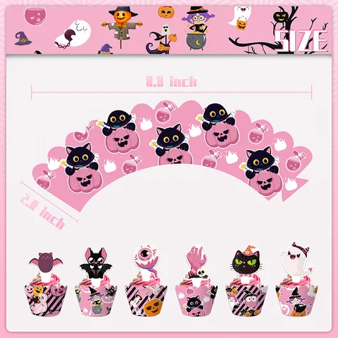 Pink Halloween Cupcake Stand Set 3-Tier Paper Cake Tower With Black Cat Bat Wrappers And Toppers For Spooky Party Decoration