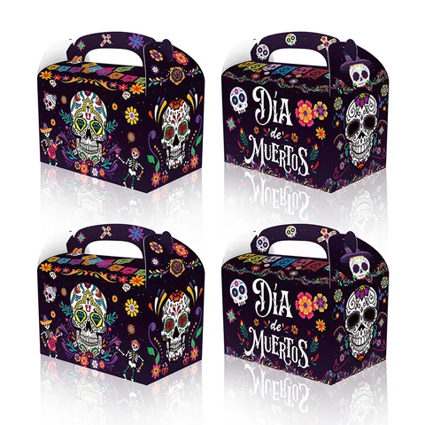 Day Of The Dead Sugar Skull Candy Boxes Purple Paper Treat Bags For Mexican Festival Halloween Party Decorations Handheld Gift Box