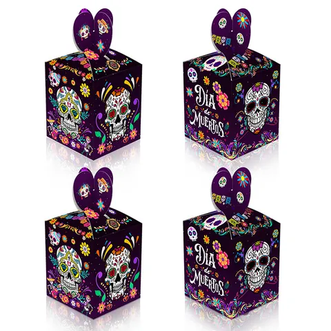Scatole Di Caramelle Per Il Giorno Dei Morti Scatole Regalo In Cartone Viola Con Manico A Cuore Motivi Teschio Di Zucchero Calendula Bomboniere Messicane