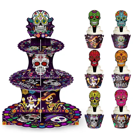 Support À Cupcakes Multicouche Jour Des Morts Avec Enveloppes Et Toppers Papier Décorations Sugar Skull Pour Le Jour Des Morts