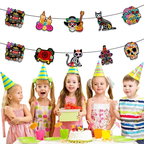 Mexikanische Tag Der Toten Dekoration Banner Totenkopf Gitarre Katze Muster Papier Aufhängung Für Heim Festival Party Deko