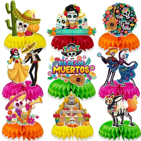 Centres de Table en Nid d'Abeille Jour Des Morts Crâne de Sucre Décorations de Table de Fête Mexicaine Ornements en Papier