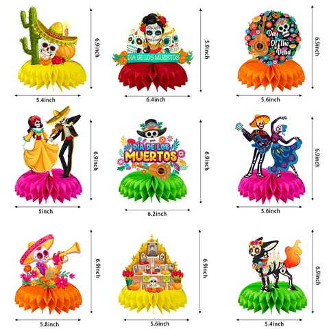 Centres de Table en Nid d'Abeille Jour Des Morts Crâne de Sucre Décorations de Table de Fête Mexicaine Ornements en Papier